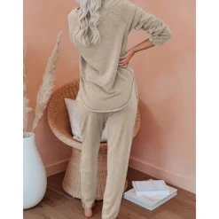Sale Women's Pajamas Sets Pure Color Fashion Basic Comfort Home Daily Bed Breathable Crew Neck Long Sleeve Pant Pocket Elastic Waist Fall Winter Home Outfits Women Pajama-Setter