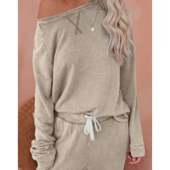 Sale Women's Pajamas Sets Pure Color Fashion Basic Comfort Home Daily Bed Breathable Crew Neck Long Sleeve Pant Pocket Elastic Waist Fall Winter Home Outfits Women Pajama-Setter
