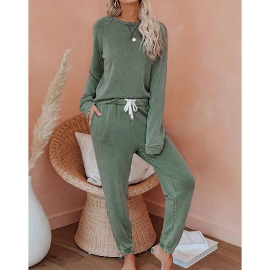 Sale Women's Pajamas Sets Pure Color Fashion Basic Comfort Home Daily Bed Breathable Crew Neck Long Sleeve Pant Pocket Elastic Waist Fall Winter Home Outfits Women Pajama-Setter