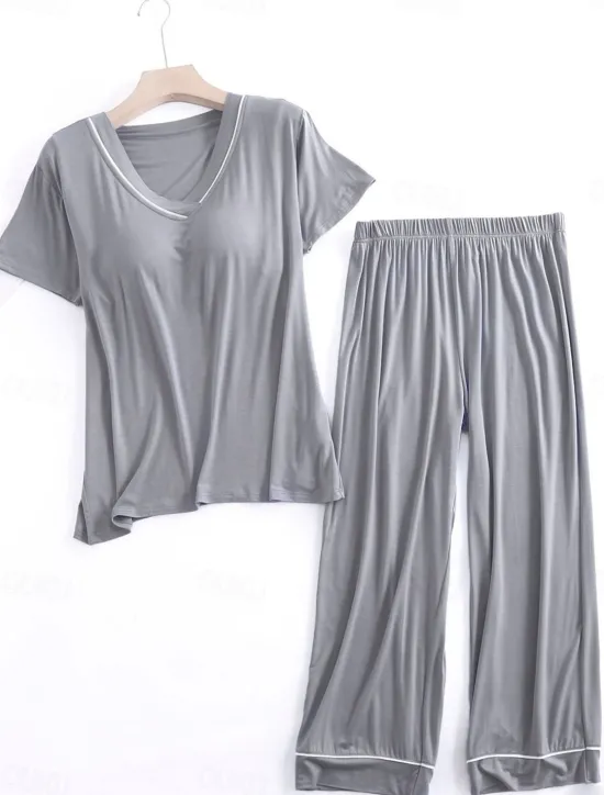 Clearance Women's Pajamas Sets Pure Color Fashion Simple Comfort Home Daily Bed Modal Breathable V Wire Short Sleeve T shirt Tee Pant Chest pads Summer Home Outfits Women Pajama-Setter