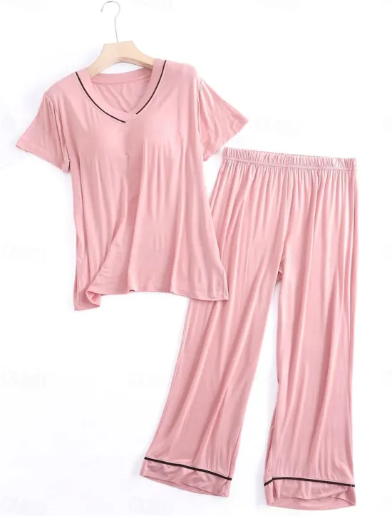 Clearance Women's Pajamas Sets Pure Color Fashion Simple Comfort Home Daily Bed Modal Breathable V Wire Short Sleeve T shirt Tee Pant Chest pads Summer Home Outfits Women Pajama-Setter