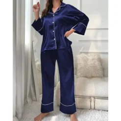 New Women's Pajamas Sets Pure Color Fashion Comfort Home Daily Bed Faux Silk Silk Breathable Lapel Long Sleeve Shirt Pant Button Pocket Fall Home Outfits Women Pajama-Setter