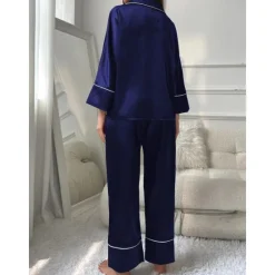 New Women's Pajamas Sets Pure Color Fashion Comfort Home Daily Bed Faux Silk Silk Breathable Lapel Long Sleeve Shirt Pant Button Pocket Fall Home Outfits Women Pajama-Setter