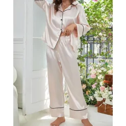 New Women's Pajamas Sets Pure Color Fashion Comfort Home Daily Bed Faux Silk Silk Breathable Lapel Long Sleeve Shirt Pant Button Pocket Fall Home Outfits Women Pajama-Setter