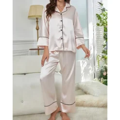 New Women's Pajamas Sets Pure Color Fashion Comfort Home Daily Bed Faux Silk Silk Breathable Lapel Long Sleeve Shirt Pant Button Pocket Fall Home Outfits Women Pajama-Setter