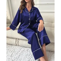 New Women's Pajamas Sets Pure Color Fashion Comfort Home Daily Bed Faux Silk Silk Breathable Lapel Long Sleeve Shirt Pant Button Pocket Fall Home Outfits Women Pajama-Setter
