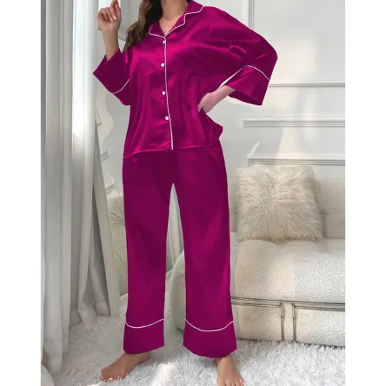 New Women's Pajamas Sets Pure Color Fashion Comfort Home Daily Bed Faux Silk Silk Breathable Lapel Long Sleeve Shirt Pant Button Pocket Fall Home Outfits Women Pajama-Setter