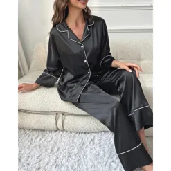 New Women's Pajamas Sets Pure Color Fashion Comfort Home Daily Bed Faux Silk Silk Breathable Lapel Long Sleeve Shirt Pant Button Pocket Fall Home Outfits Women Pajama-Setter