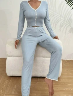 Outlet Women's Pajamas Simple Home V Neck Sky Blue khaki Summer Spring Women Pajama-Setter