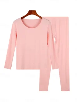 Discount Women's Pajamas Thermal Set Pure Color Warm Comfort Soft Home Daily Bed Comfort Warm Crew Neck Long Sleeve T shirt Tee Pant Elastic Waist Fall Winter Home Outfits Women Pajama-Setter