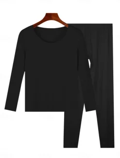 Discount Women's Pajamas Thermal Set Pure Color Warm Comfort Soft Home Daily Bed Comfort Warm Crew Neck Long Sleeve T shirt Tee Pant Elastic Waist Fall Winter Home Outfits Women Pajama-Setter