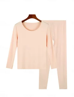 Discount Women's Pajamas Thermal Set Pure Color Warm Comfort Soft Home Daily Bed Comfort Warm Crew Neck Long Sleeve T shirt Tee Pant Elastic Waist Fall Winter Home Outfits Women Pajama-Setter