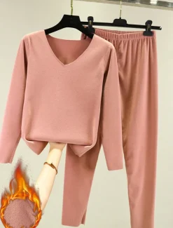 Clearance Women's Pajamas Thermal Set Pure Color Fashion Plush Casual Home Daily Bed Acrylic Breathable V Wire Long Sleeve T shirt Tee Pant Fall Winter Home Outfits Women Pajama-Setter