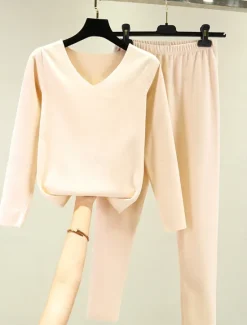 Clearance Women's Pajamas Thermal Set Pure Color Fashion Plush Casual Home Daily Bed Acrylic Breathable V Wire Long Sleeve T shirt Tee Pant Fall Winter Home Outfits Women Pajama-Setter