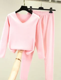Clearance Women's Pajamas Thermal Set Pure Color Fashion Plush Casual Home Daily Bed Acrylic Breathable V Wire Long Sleeve T shirt Tee Pant Fall Winter Home Outfits Women Pajama-Setter