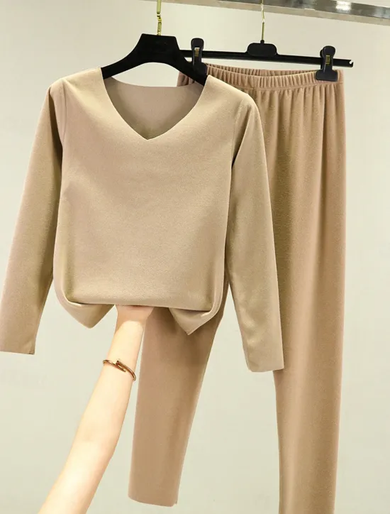 Clearance Women's Pajamas Thermal Set Pure Color Fashion Plush Casual Home Daily Bed Acrylic Breathable V Wire Long Sleeve T shirt Tee Pant Fall Winter Home Outfits Women Pajama-Setter