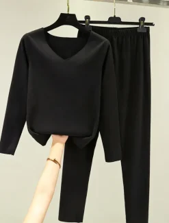 Clearance Women's Pajamas Thermal Set Pure Color Fashion Plush Casual Home Daily Bed Acrylic Breathable V Wire Long Sleeve T shirt Tee Pant Fall Winter Home Outfits Women Pajama-Setter