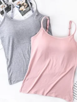 Online Women's Pajamas Top Pure Color Simple Comfort Daily Rayon Breathable Straps Sleeveless Strap Top Backless Chest pads Summer Spring Home Outfits Women Sleepwear