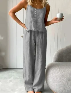 New Women's Pajamas Two Piece Sets Simple Basic Comfort Pure Color Cotton Linen Sets Strap Top Home Daily Bed Sleeveless Straps White Blue Light Grey Dark Gray Summer Women Sets