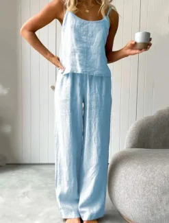 New Women's Pajamas Two Piece Sets Simple Basic Comfort Pure Color Cotton Linen Sets Strap Top Home Daily Bed Sleeveless Straps White Blue Light Grey Dark Gray Summer Women Sets