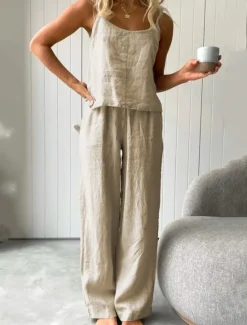 New Women's Pajamas Two Piece Sets Simple Basic Comfort Pure Color Cotton Linen Sets Strap Top Home Daily Bed Sleeveless Straps White Blue Light Grey Dark Gray Summer Women Sets