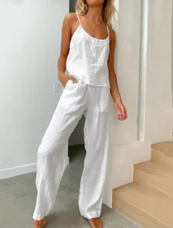 New Women's Pajamas Two Piece Sets Simple Basic Comfort Pure Color Cotton Linen Sets Strap Top Home Daily Bed Sleeveless Straps White Blue Light Grey Dark Gray Summer Women Sets