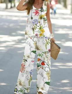 Women's Pant Set Vacation Fashion Daily Vest Sleeveless Crew Neck Geometric Vacation Casual Daily White Yellow Light Green Summer Regular Fit Women Two Piece Sets