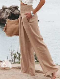 Clearance Women's Pants Fashion Basic Comfort Pure Color Pocket Elastic Waist Cotton Linen Pants Home Daily Long Pant Black White Pink Khaki Summer Women Pants