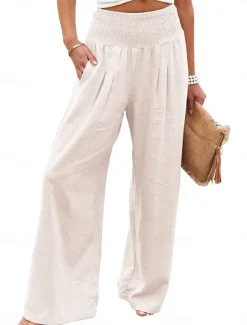 Clearance Women's Pants Fashion Basic Comfort Pure Color Pocket Elastic Waist Cotton Linen Pants Home Daily Long Pant Black White Pink Khaki Summer Women Pants