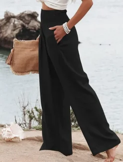 Clearance Women's Pants Fashion Basic Comfort Pure Color Pocket Elastic Waist Cotton Linen Pants Home Daily Long Pant Black White Pink Khaki Summer Women Pants