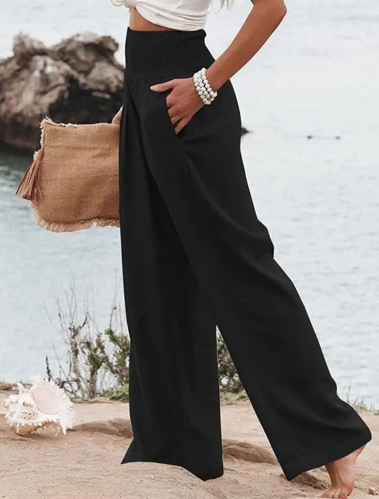 Clearance Women's Pants Fashion Basic Comfort Pure Color Pocket Elastic Waist Cotton Linen Pants Home Daily Long Pant Black White Pink Khaki Summer Women Pants
