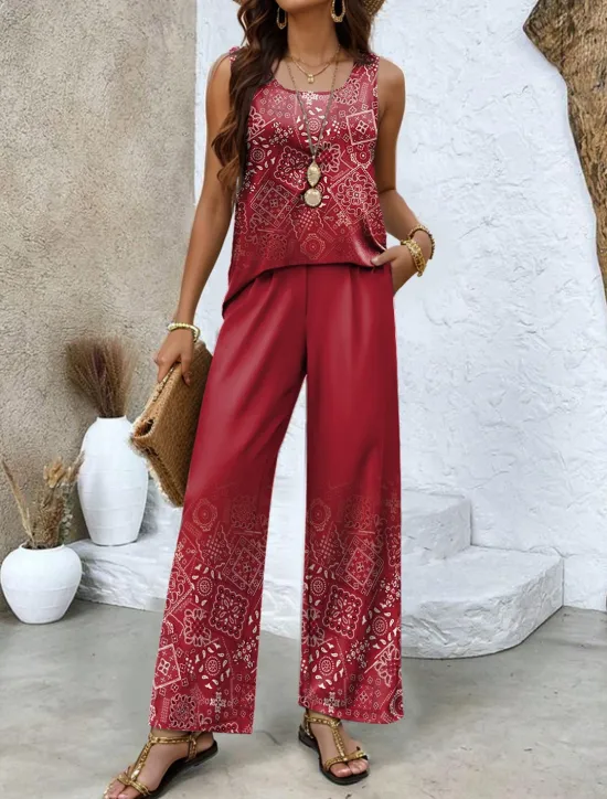 Clearance Women's Pants Sets Vacation Fashion Daily Sleeveless U Neck Floral Graphic Geometric Casual Daily Weekend Light Green Red Dusty Blue Summer Regular Fit Women Two Piece Sets