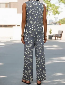 Clearance Women's Pants Sets Vacation Fashion Daily Sleeveless U Neck Floral Graphic Geometric Casual Daily Weekend Light Green Red Dusty Blue Summer Regular Fit Women Two Piece Sets