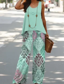 Women's Pants Sets Vacation Daily Sleeveless U Neck Graphic Geometric Casual Daily Blue Green Khaki Summer Regular Fit Women Two Piece Sets