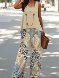 Women's Pants Sets Vacation Daily Sleeveless U Neck Graphic Geometric Casual Daily Blue Green Khaki Summer Regular Fit Women Two Piece Sets