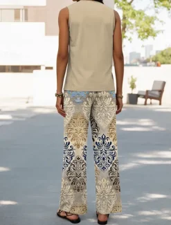 Women's Pants Sets Vacation Daily Sleeveless U Neck Graphic Geometric Casual Daily Blue Green Khaki Summer Regular Fit Women Two Piece Sets