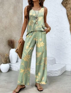 Hot Women's Pants Sets Vacation Fashion Daily Sleeveless U Neck Floral Graphic Casual Daily Weekend Light Blue Summer Regular Fit Women Two Piece Sets