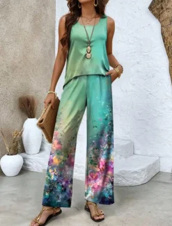 Hot Women's Pants Sets Vacation Fashion Daily Sleeveless U Neck Floral Graphic Casual Daily Weekend Light Blue Summer Regular Fit Women Two Piece Sets