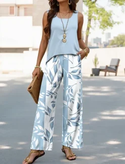 Discount Women's Pants Sets Vacation Fashion Daily Sleeveless U Neck Graphic Geometric Casual Daily Weekend Blue Green Khaki Summer Regular Fit Women Two Piece Sets