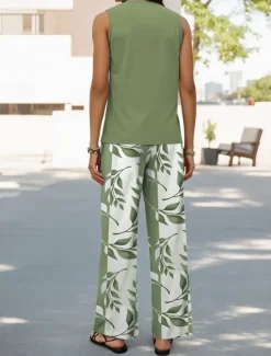 Discount Women's Pants Sets Vacation Fashion Daily Sleeveless U Neck Graphic Geometric Casual Daily Weekend Blue Green Khaki Summer Regular Fit Women Two Piece Sets