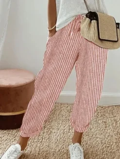 Clearance Women's Pants Trousers Casual Daily Ankle-Length Striped Drawstring Side Pockets Breathability Comfortable Inelastic Weekend Spring & Summer Regular Fit Women Pants