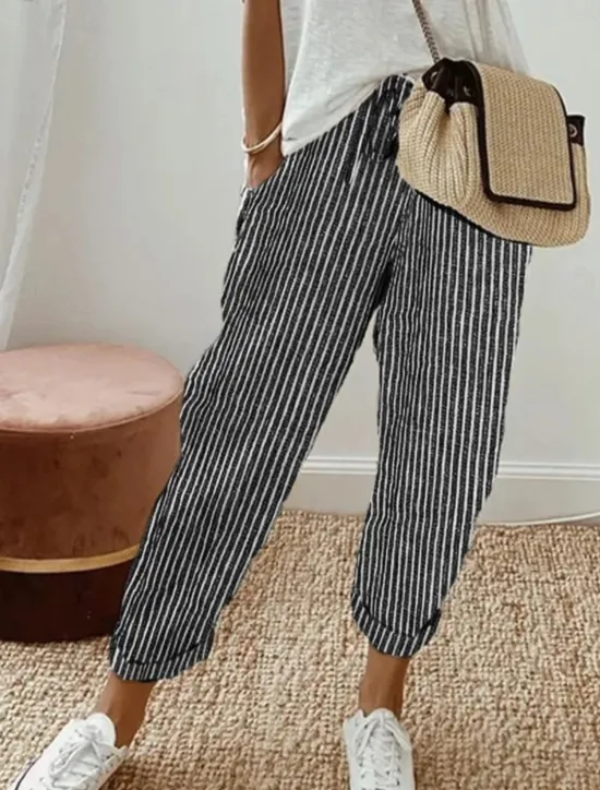 Clearance Women's Pants Trousers Casual Daily Ankle-Length Striped Drawstring Side Pockets Breathability Comfortable Inelastic Weekend Spring & Summer Regular Fit Women Pants