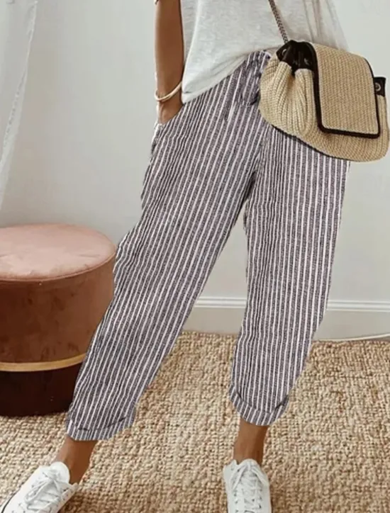 Clearance Women's Pants Trousers Casual Daily Ankle-Length Striped Drawstring Side Pockets Breathability Comfortable Inelastic Weekend Spring & Summer Regular Fit Women Pants