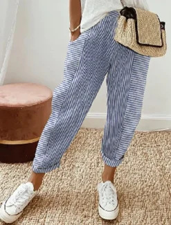 Sale Women's Pants Trousers Casual Daily Full Length Striped Drawstring Side Pockets Cut Out Breathability Comfortable Inelastic Going out Weekend Black Pink Blue Purple Summer Spring Regular Fit Women Pants