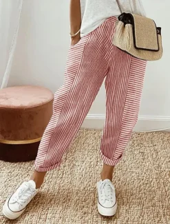 Sale Women's Pants Trousers Casual Daily Full Length Striped Drawstring Side Pockets Cut Out Breathability Comfortable Inelastic Going out Weekend Black Pink Blue Purple Summer Spring Regular Fit Women Pants