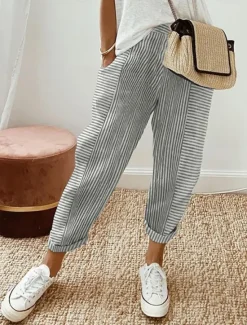 Sale Women's Pants Trousers Casual Daily Full Length Striped Drawstring Side Pockets Cut Out Breathability Comfortable Inelastic Going out Weekend Black Pink Blue Purple Summer Spring Regular Fit Women Pants