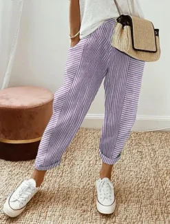 Sale Women's Pants Trousers Casual Daily Full Length Striped Drawstring Side Pockets Cut Out Breathability Comfortable Inelastic Going out Weekend Black Pink Blue Purple Summer Spring Regular Fit Women Pants