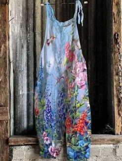 Hot Women's Pants Trousers Dungarees Jumpsuit Rompers Lightweight Casual Ankle-Length Mid Rise Floral Graphic Printing Comfortable Inelastic Home Casual Daily claret Azure River Blue White Summer Women Overalls|Pants