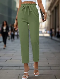 Women's Pants Trousers Fashion Ankle-Length Plain Side Pockets Breathability Comfortable Micro-elastic Casual Daily Navy Blue Green Khaki Gray Spring & Summer Regular Fit Women Pants