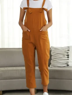 Best Women's Pants Trousers Jumpsuit Rompers Lightweight Casual Ankle-Length Mid Rise Plain Pocket Breathability Comfortable Inelastic Home Casual Daily claret Deep Green Navy Black Summer Spring Regular Women Overalls